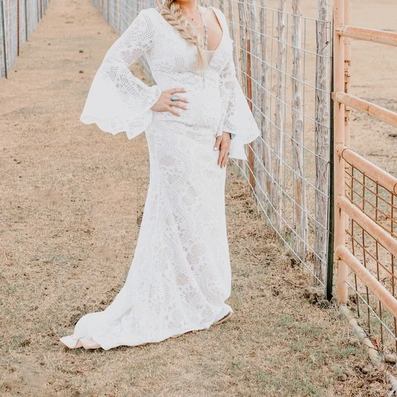 Dresses | Lace Wedding Dress Size 8 Runs Small White Lace With Nude Under  Bell Sleeves | Poshmark